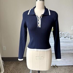 Emerson Lang Navy White Ribbed Sweater Top Medium Womens Preppy Classy Old Money
